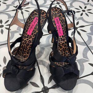 Vintage Betsy Johnson Black Satin Strappy Heels, Size 8